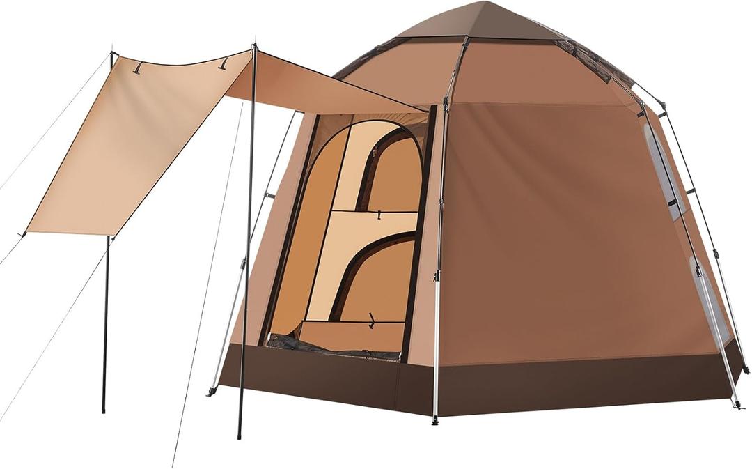 TUKAILAI Instant Camping Tent, Hexagonal Design Automatic Dome Tent with 4 Mesh Windows and 1 Door, Easy Setup Pop Up Tent with Vestibule & Rainfly