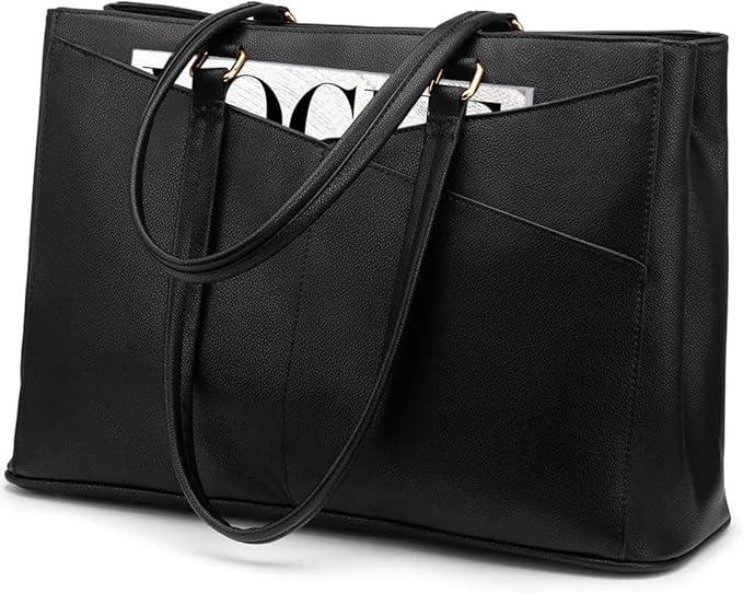 LOVEVOOK Laptop Tote Bag for Women, Leather Office Work Bag Briefcase fit for 15.6 inch Laptop, Large Teacher Computer Bag Handbag,2pcs Set Leather/Black