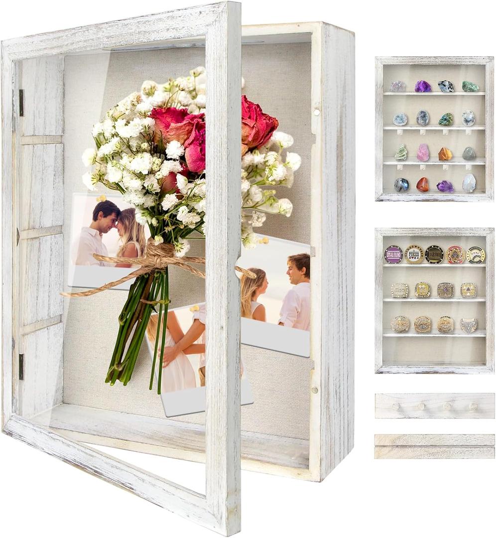 Shadow Box Display Case 11x14, Deep Shadow Box Picture Frame with Linen Back and Removable Shelves, Wooden Memory Box for Wedding Bouquet, Photos, Medals, Keepsakes (White, 11x14)