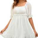 Women's Summer Dress Boho Short Sleeve Mini Dresses Square Neck Ruffle Mini Beach Dresses (Large, Milk White)