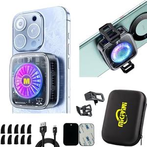 Mikirini 15 in 1 Magnetic Phone Cooler Pro w/RGB LEDs, Detachable Grip, Thermostatic Cooling Fan for iPhone MagSafe/Android/iPad -Gaming/Streaming/Photography (Silver Frame)