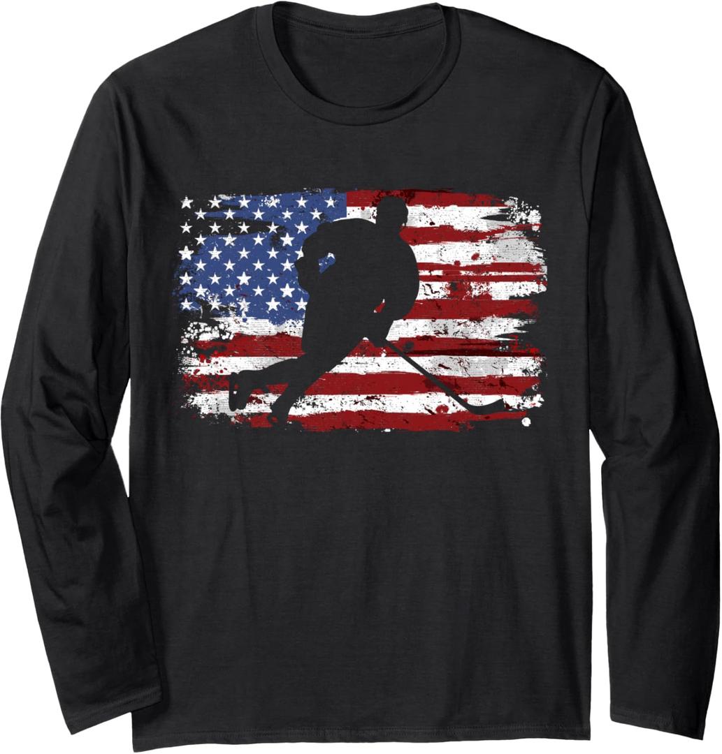 Ice Hockey Vintage American Flag Long Sleeve T-Shirt (Black, XXL)