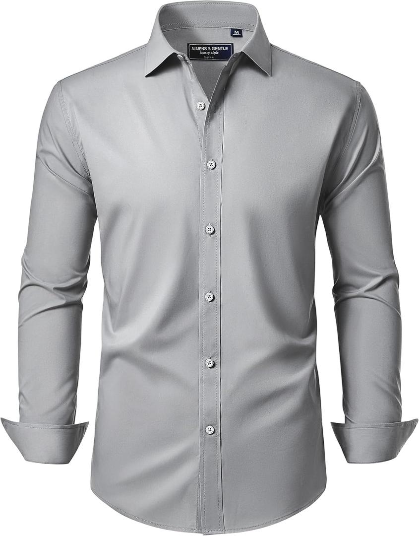 Alimens & Gentle Men's Dress Shirt Regular Fit Stretch Stain Shield Long Sleeve Solid Business Wedding Button Down Shirts (Light Grey)