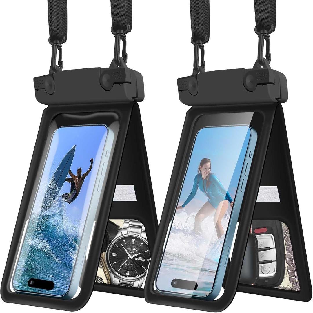 Waterproof Phone Pouch, IPX8 Double Space Cell Phone Case for iPhone 15 14 13 Pro Max Plus Samsung Galaxy S23 S22 Ultra, Detachable Lanyard, Cruise Ship Essentials, 2 Pack(Black+Black)