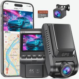 Dash Cam Front and Rear, 4K+1080P Dash Camera for Cars, Built-in Wi-Fi GPS, Included 32GB Card, 2.0'' IPS Screen Mini Car Camera, App, Night Vision, 170Wide Angle, 24H Parking ModeGray