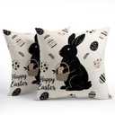 Kawani Happy Easter Bunny Pillow Covers 18X18 Inch Black White Rabbit Eggs Decorative Pillow Cases Set of 2 Holiday Farmhouse Throw Pillows for Sofa Couch Outdoor