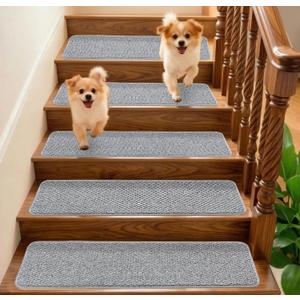 9x30 Inch Stair Treads for Wooden Steps Indoor(15-Pack) Non Slip Adhesive Peel and Stick Carpet Stair Treads, Washable & Reusable Stair Runner Rugs for Kids Elders and Pets-Grey