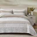 Chezmoi Collection Robyn 3-Piece Neutral Taupe Gray White Floral Hibiscus Flower Patchwork Striped Quilt Set - Pre-Washed Cotton Coverlet - Lightweight Reversible Bedspread, Queen Size