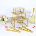 3 Pcs Square Gold Cake Stand Set, 8" 10" 12" Elegant Wedding Cake Stands & Dessert Table Display - Perfect for Birthday, Wedding Reception & Party Decor - Includes 2 Gold Tongs (Metal)