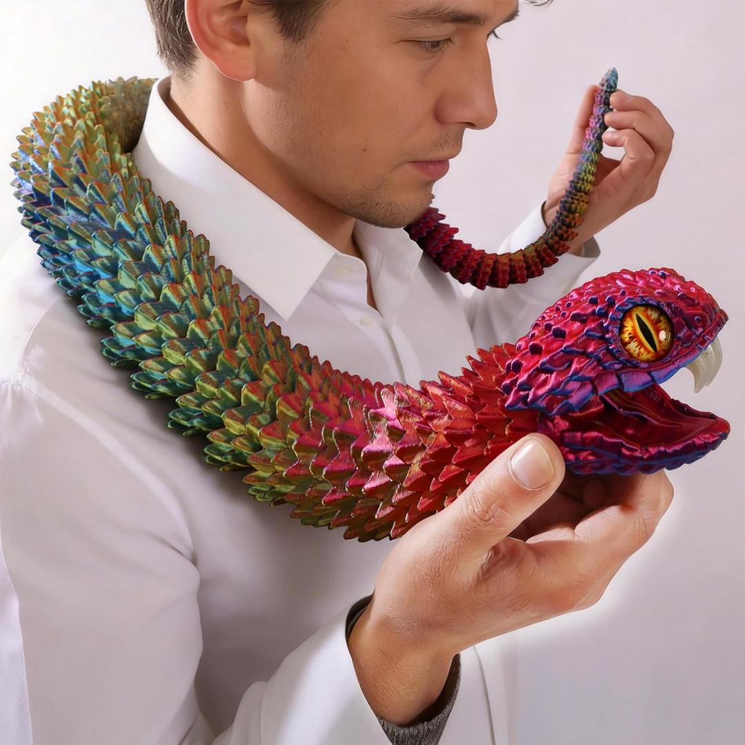 41.7in Giant 3D Printed Snake Realistic Large Toy Snake Figurine, Flexible Snake Model with Noctilucent Movable Teeth for Large 3D Printed Animals Collectors, Stress Relief Fidget Toy