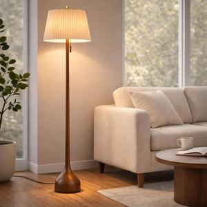 MOFFE 65" Mid Century Modern Vintage Real Wood Floor Lamp with 2 Shades for Two Looks, Sculptural Standing Lamp with Teardrop Base & Wooden Pull Chain for Living Room Bedroom Sofa Side (Bulb Included) (Amber Walnut)