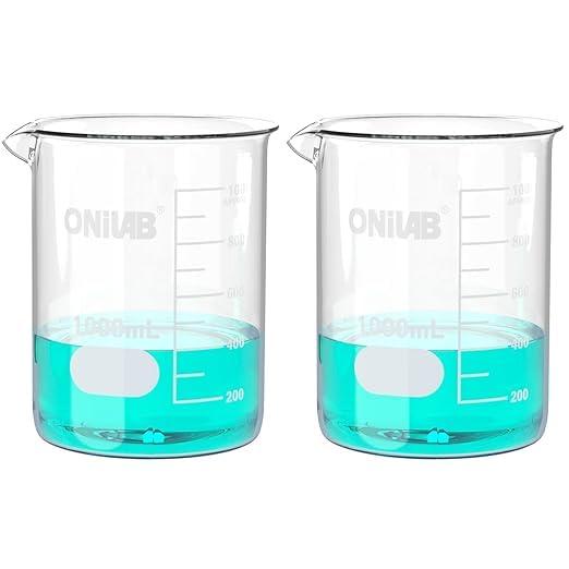 ONiLAB Glass Measuring Beaker Set 50ml 100ml 250mll 1000ml (Pack of 4) 3.3 Boro Griffin Low Form with Printed Graduation Scientific Glassware for Laboratories, Classrooms or Home Use