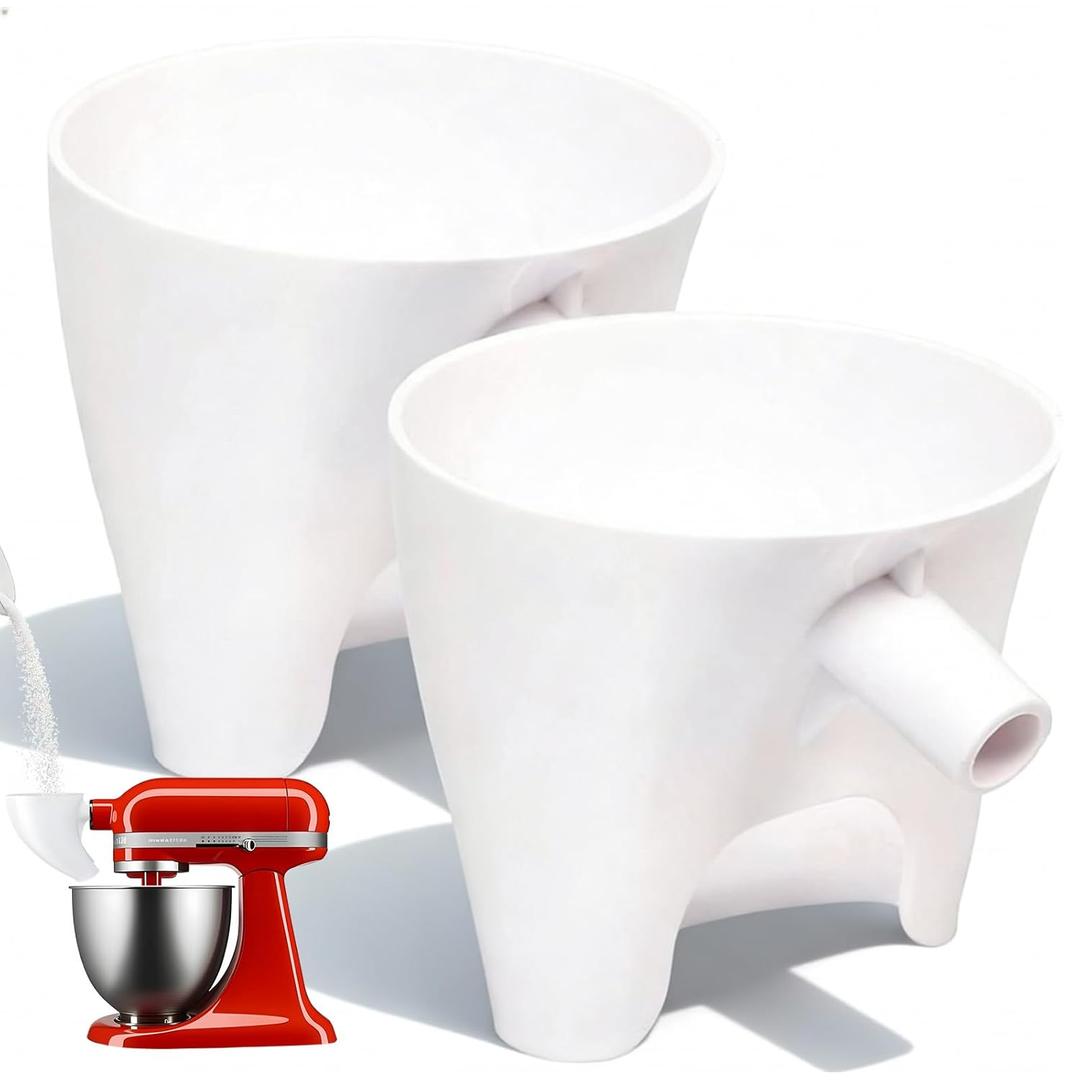 2 x Flour Funnel for KitchenAid Tilt-Head Mixer  Anti-Splash Hands-Free Attachment, Fits 4.55 Qt Models, Dishwasher-Safe Baking Tool for Dry & Wet Ingredients (White*2)