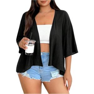 WDIRARA Women's Plus Size Open Front Jacket 3/4 Sleeve Lightweight Cardigan Outerwear (Black, XXL)