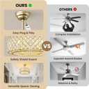 RUIYEY Crystal Ceiling Fans with Lights: 20 inch Gold Caged Fandelier Ceiling Fans with Remote, Reversible 7 Blades 6 Speeds E12 6 Light Modern Flush Mount Ceiling Light Fixtures for Bedroom Kitchen