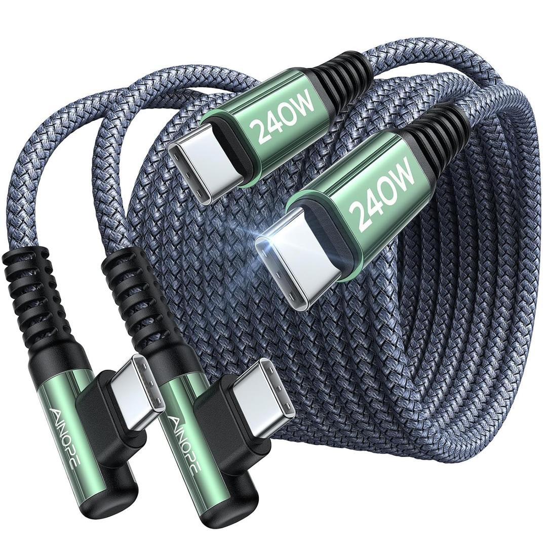 AINOPE 240W USB C to USB C Cable (6.6ft 2Pack Chubby USB C) USB C to USB C Fast Charging Cable, Right Angle USB C Charger Cable for iPhone16 Charger Cord, MacBook Pro, iPad, Samsung Galaxy S25 (Grey)