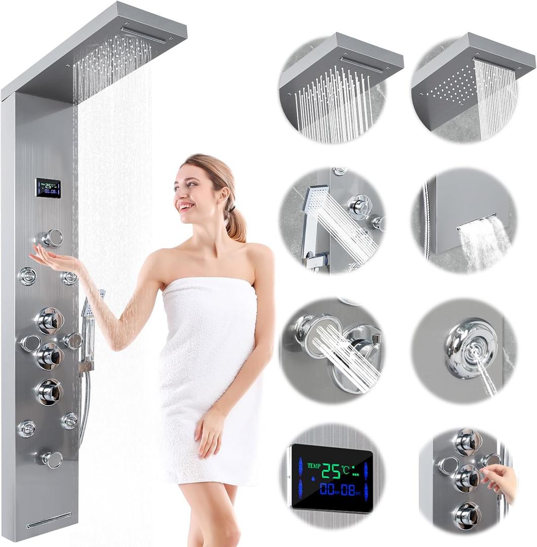 Shower Panel Tower System with Rainfall Waterfall Head and Adjustable Massage Body Jets LED Celsius Temperature Display Handheld Sprayer Stainless Steel Nickel and Chrome Wall Mount Shower Panels