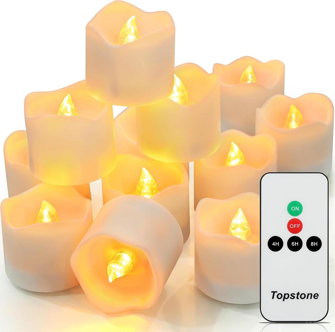 Topstone Flickering Flameless Battery Operated LED Tea Lights Candles with Remote Control,Amber Decorative Timer Candles for Home and Festival Decoration,Set of 12