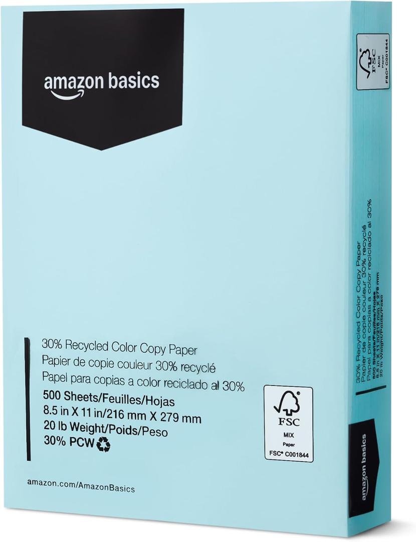 2 x 30% Recycled Color Copy Paper, 8.5" x 11", 20lb, Pastel Blue, 500 Sheets