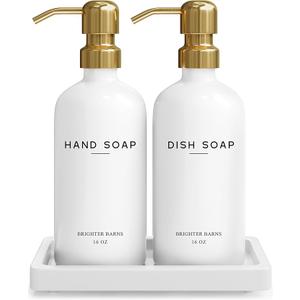 Luxury Glass Hand and Dish Soap Dispenser Set by Brighter Barns - Kitchen Soap Dispenser Set with Tray for Kitchen Sink - White and Gold Home Accessories & Decor for Restaurants, Airbnb, Gift (Silver)