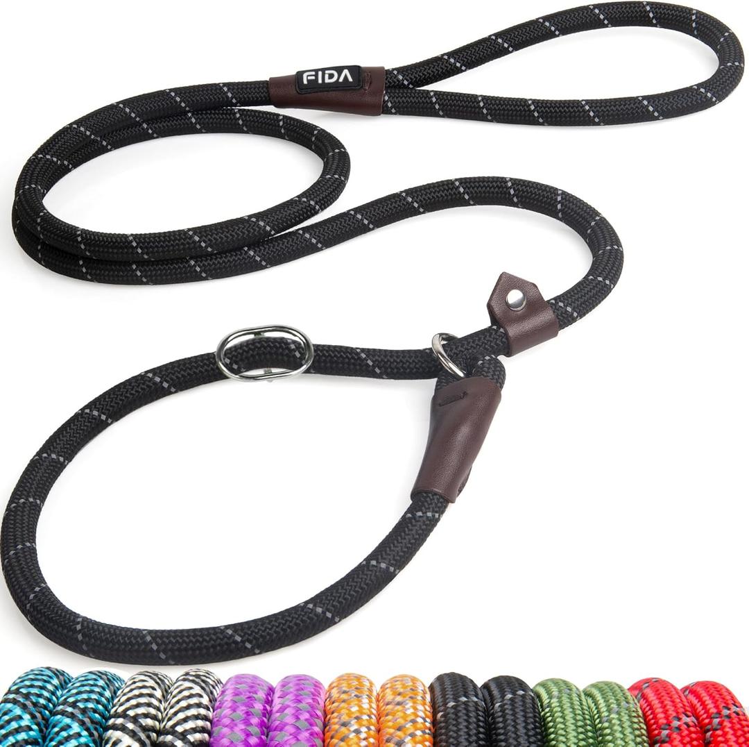 Fida Durable Slip Lead Dog Leash, 6 FT x 1/2" Heavy Duty Dog Loop Leashes, Comfortable Strong Rope Slip Leash for Large Medium Dogs, No Pull Pet Training Lead with Highly Reflective (1/2", Black)
