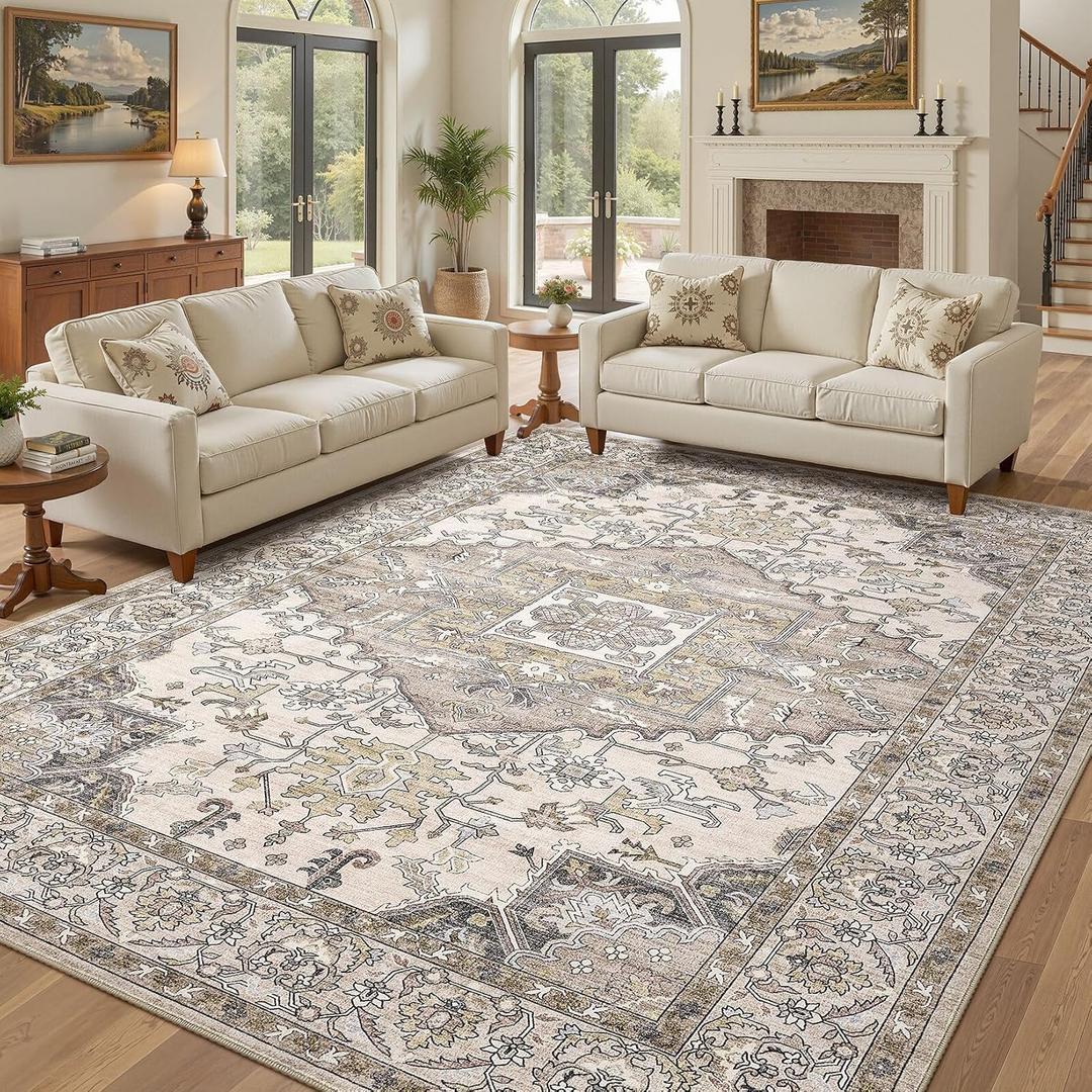 10x14 Washable Area Rugs for Living Room: Non Slip Vintage Brown Rug, Large Soft Stain Resistant Indoor Floor Carpets for Bedroom Dining Room Farmhouse Nursery Home Office Kid & Pet Friendly