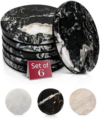 Gusto Nostro Black Marble Coasters Set of 5 with Non-Slip Backing - Luxury Natural Stone Coasters for Drinks - Genuine Marble Kitchen Accessories, Round Stone Coaster for Kitchen Counter, Coffee Table