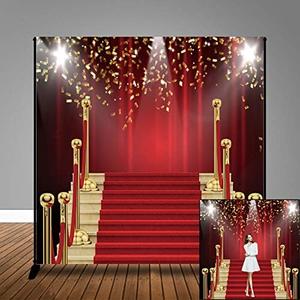 MTMETY 10x10ft Red Carpet Stairs Star Photography Backdrop Gold Glitter Curtain Background Star Red Carpet Photo Booth Props HXME645