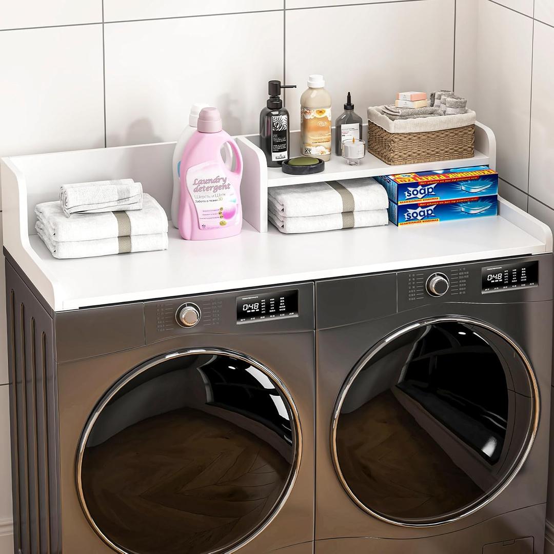 Wood Washer Dryer Countertop with Open Storage Shelf, 54", White