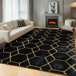 ONASAR 5x7 Area Rugs for Living Room Bedroom, Fluffy Black and Gold Faux Fur Rug, Geometric Boho Soft Plush Shaggy Floor Carpet Mat for Nursery Kids Girls Boys Teen Dorm Home Office Decor