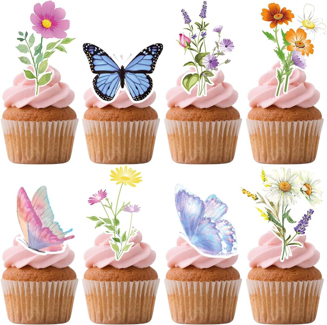 3 x 24pcs Wildflower Baby Shower Decorations And 24pcs Colorful Butterfly Cake Toppers, A Total Of 48pcs, Flower Cupcake Toppers Wildflower Party Decorations