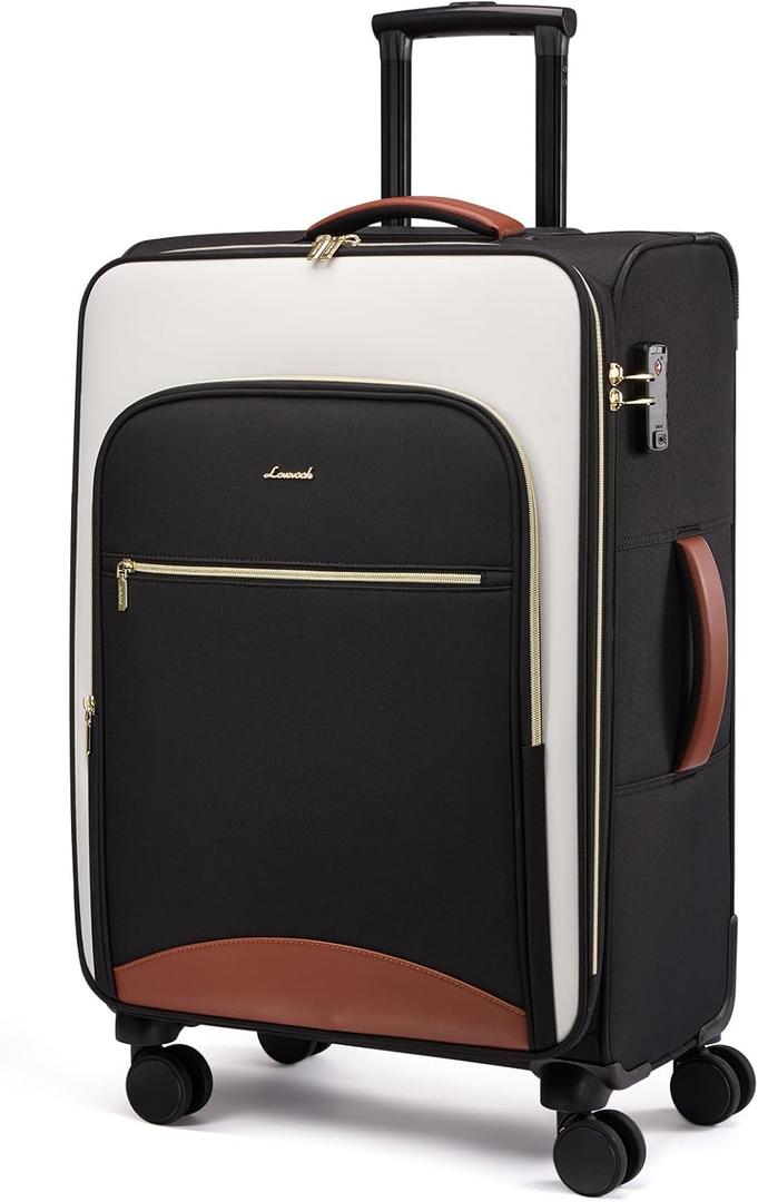 LOVEVOOK Carry On Luggage 28x19x12 Airline Approved, 24 Inch Softside Suitcases with Wheels, Lightweight Spinner Carry on Suitcase with TSA Lock, Water-Resistant Large Capacity Luggage for Travel (Black-White-Chestnut)