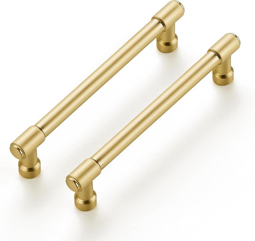 Ravinte 2 Pack 5 Inch Hole Center Solid Kitchen Cabinet Handles Brushed Brass Dresser Pulls Cabinet Drawer Pulls for Kitchen Cupboard Hardware, Gold