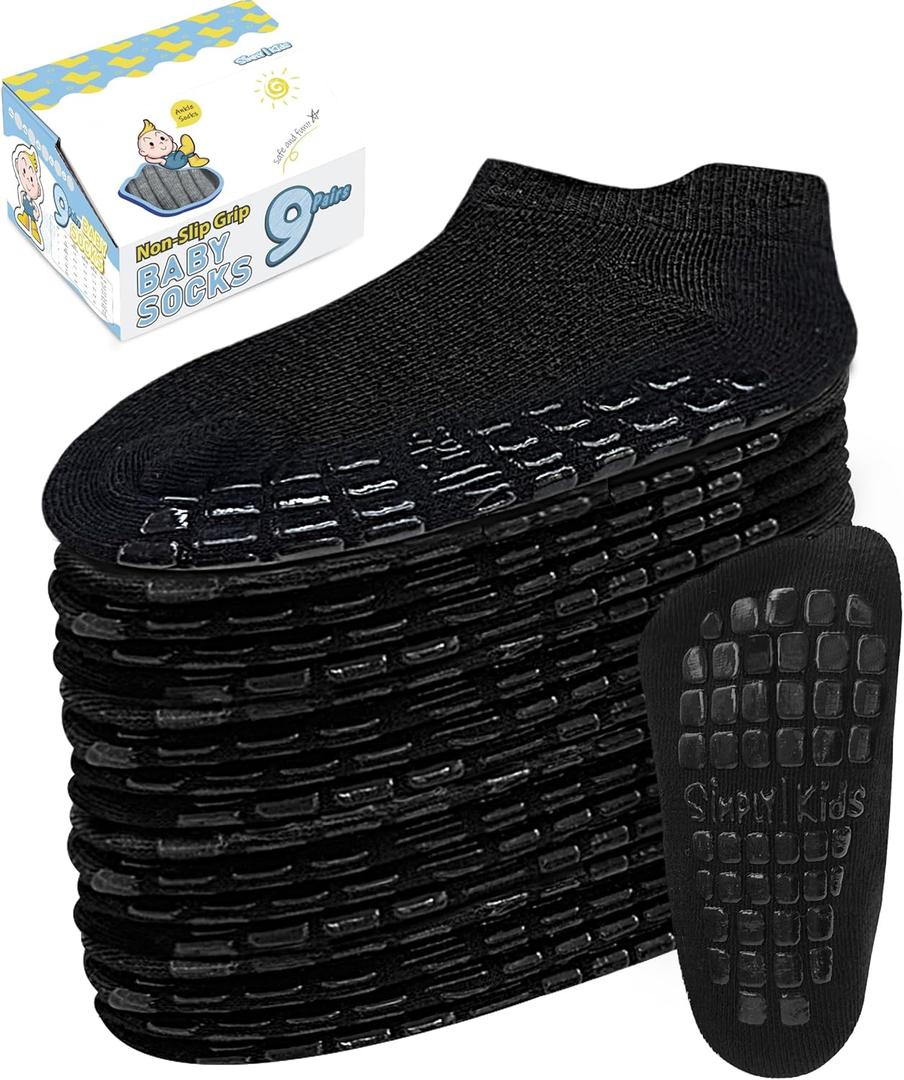 Simply Kids Baby Non-Slip Ankle Socks  Superior Grip, Soft Cotton, for Active Toddler Girls & Boys (Ages 0-7) (1-3T, Black)