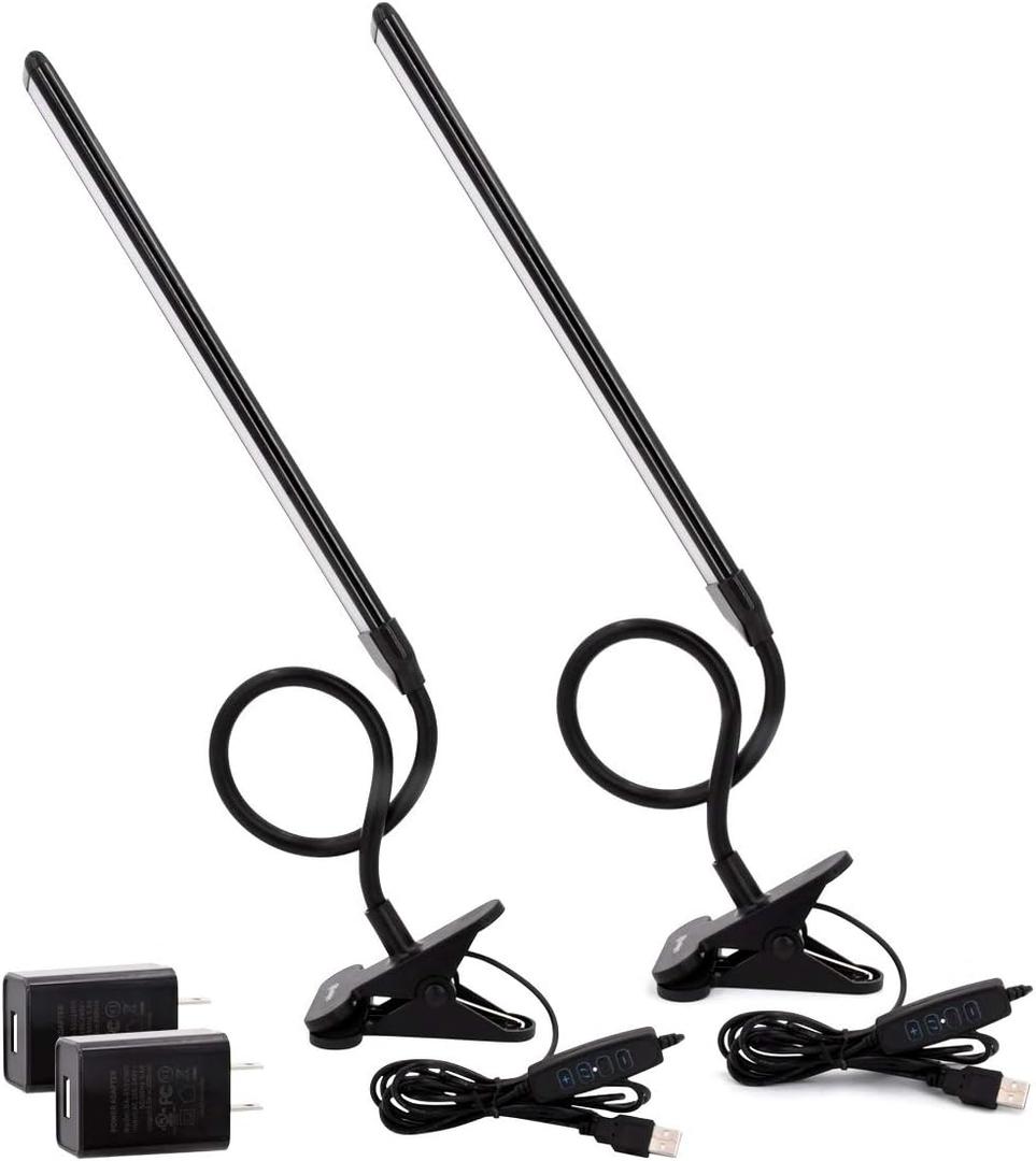 Clamp on Lamp, Clip Light, Desk Lamps 3 Color Temperature Setting, 10 Brightness Levels, 2m USB Cord Power Supply and AC Adapter Included, Pack of 2 (Black)