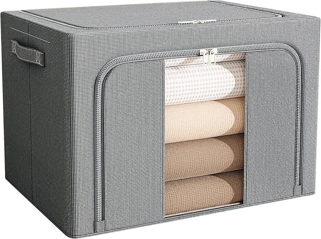 100L Clothes Storage Bins with Metal Frame Foldable Storage Bins with Lids Clothes Organizers and Storage with Clear Window Stackable Zippered Clothes Storage Bags(Darkgray)