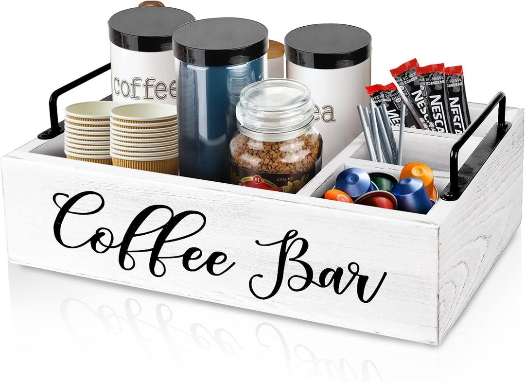 Coffee Station Organizer Wooden Coffee Bar Holder Accessories for Countertop, Farmhouse Kcup Pod Storage Basket with Handle - White