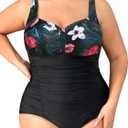 Daci Women Plus Size One Piece Swimsuits - Tummy Control Retro Ruched Bathing Suits Vintage Swimwear (Floral and Black)