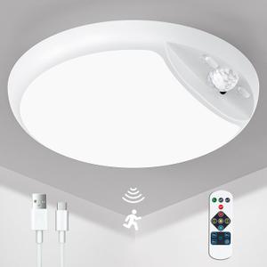 Rechargeable Motion Sensor Ceiling Light with Remote,Battery Powered Wireless Shower Lights,7.5in 600LM,10000mAh Battery Operated Ceiling Closet Light for Kitchen, Closet, Bathroom, Hallway, White