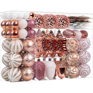 110 Pcs Rose Gold & White Christmas Ornaments Set, Assorted Christmas Balls Decor for Xmas Tree, Shatterproof Plastic Baubles Hanging Decorations for Holiday/Party/Wedding