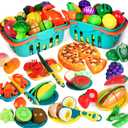 100 PCS Cutting Play Food Toy for Kids Kitchen, Pretend Food Toys for Toddlers, Play Kitchen Toys Accessories with 2 Baskets, Fake Food/Fruit/Vegetable, Birthday Gifts for 3 4 5 Years old Boys Girls (Blue)