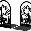Peacoblue Metal Bookends for Shelves, Modern Decorative Heavy Duty Study Book Support Stoppers for Office, Desk, Shelf, Room 5.3"x4.3"x7.9" Cast Iron Bookends, 1 Pair (Mountain and Forest with Bear)
