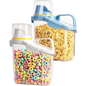 Cereal Containers Storage Small Food Storage Containers with Pour Spout, Measuring Cup for Rice Flour Sugar Dog Cat Dry Food Dispenser Plastic Kitchen Airtight Canister 1.8L BPA Free ((2pcs-Small ) White-Blue-1800ml)
