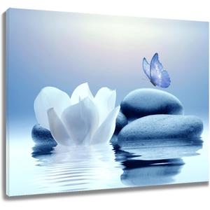EOBTAIN Zen White Flower Canvas Wall Art Floral and Blue Butterfly on Stone Modern Framed Picture Yoga Spa Spiritual Painting Artwork Print Decor for Bathroom Bedroom Living Room 24x16 Inches (16L" x 24W")