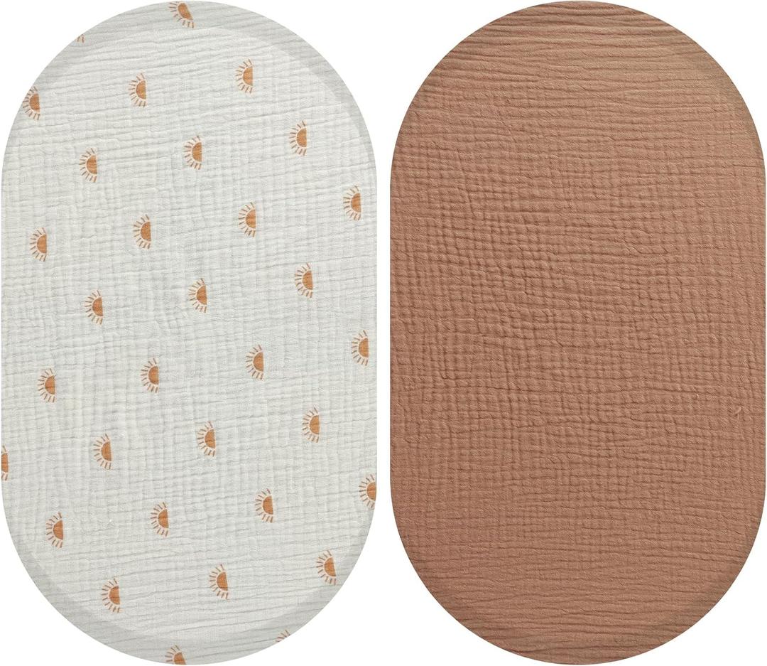 2Pcs Bassinet Sheets Set, Stretchy Soft Baby Cradle Sheet Breathable Fashion Sun Print Bassinet Sheets for All Standard Oval or Rectangle Bassinet Bed Pads or Mattresses, 81.3L x 43.2W centimetres