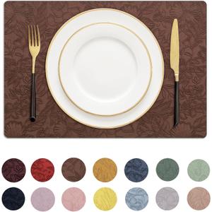 Romanstile Vinyl Placemats Set of 8-12 X 17 Inch - Heat Resistant Non-Slip Embossed Floral Place Mats 100% Waterproof Oilproof Wipeable Faux Leather Table Mats for Kitchen/Dining/Party, Brown