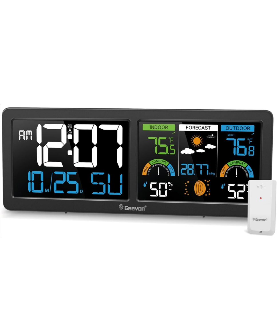 Geevon Weather Stations Wireless Indoor Outdoor Thermometer with Atomic Clock, HD Color Display Digital Temperature Humidity Gauge with Brometer, Comfort Indicator, and Adjustable Backlight (Black)