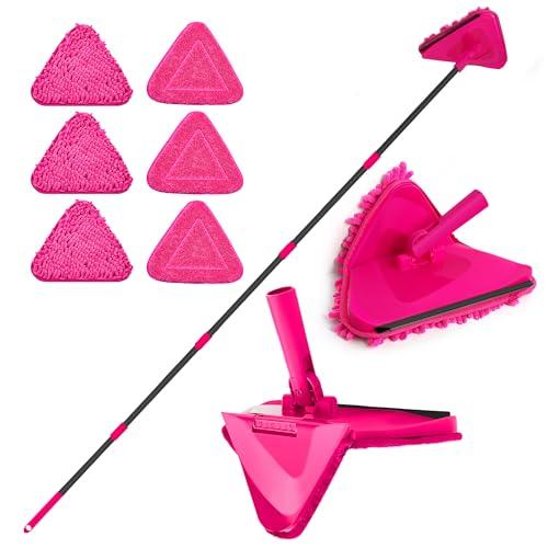 JEHONN Wall Mop with Long Handle 80 inches, Upgraded 180° Collapsible Baseboard Cleaner Tool with Squeegee, Ceiling Duster with 3 Microfiber and 3 Chenille Pads for Cleaning Window, Cabinet (Rose Red)