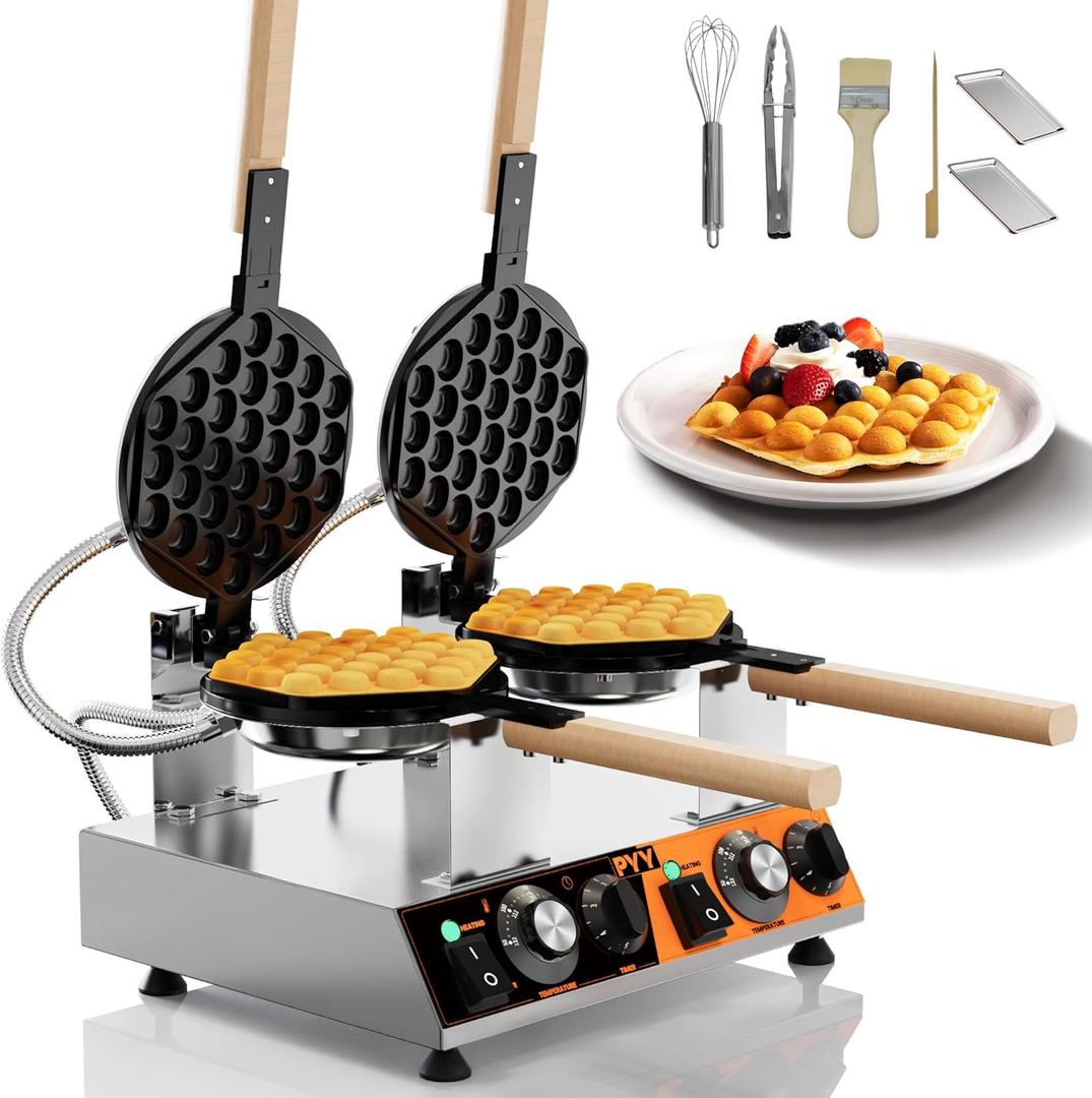 PYY Bubble Waffle Maker - 3100W Commercial Hong Kong Egg Waffle Maker, Double Head, 180 Rotate, Non-Stick Plate, 50-250 Adjustable Temp, 0-5Min Timer, Bubble Waffle Machine for Commercial Use, 110V