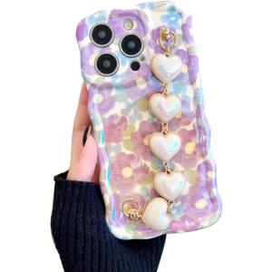 for iPhone 14 Pro Case, [Sparkling Purple Flower Oil Painting] [with Luxury Heart Bracelet] [Fashionable Wave Edge Shape] Soft TPU Drop and Shock Resistant for Women and Girls 6.1"